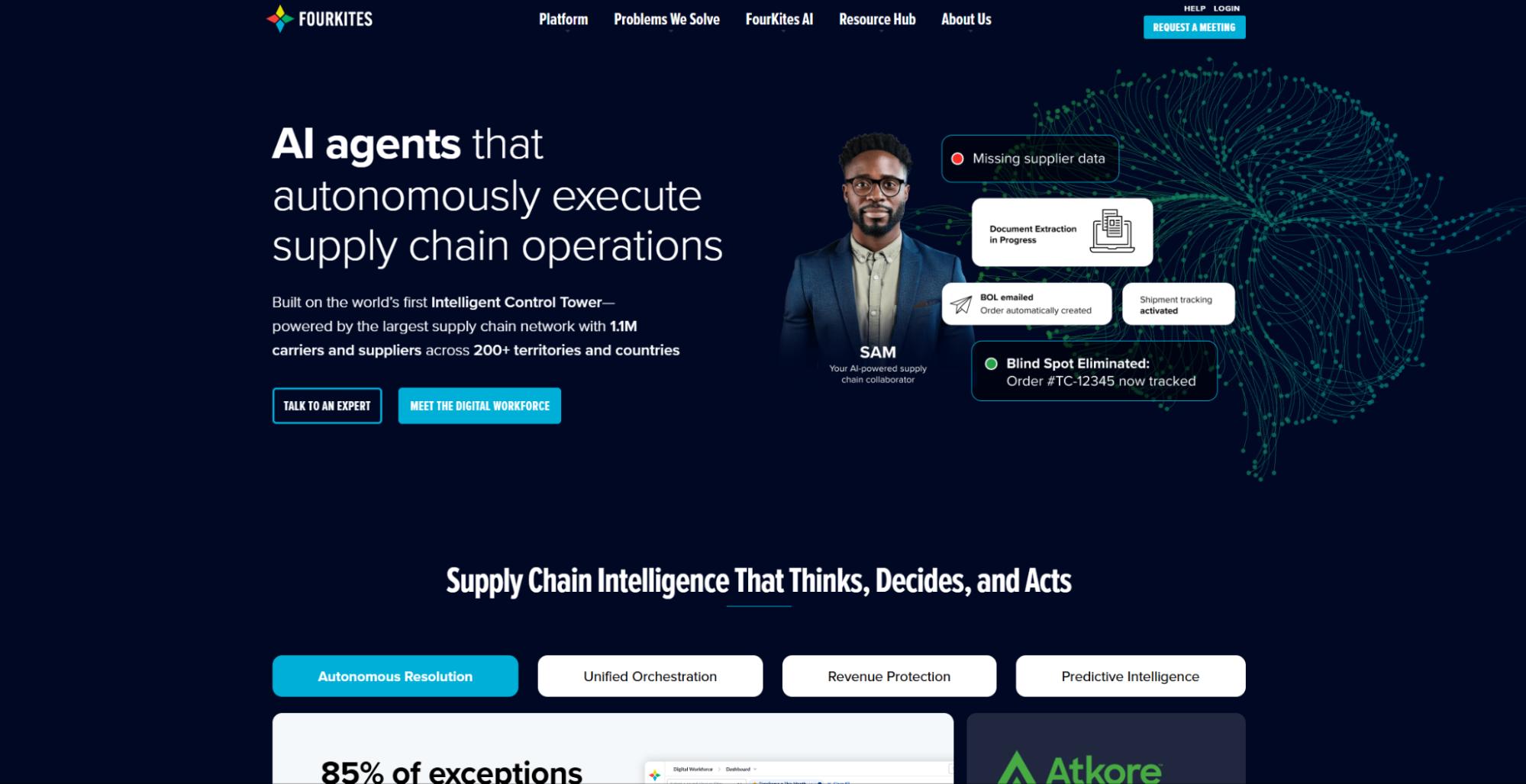 FourKites homepage showing AI agents for autonomous supply-chain operations
