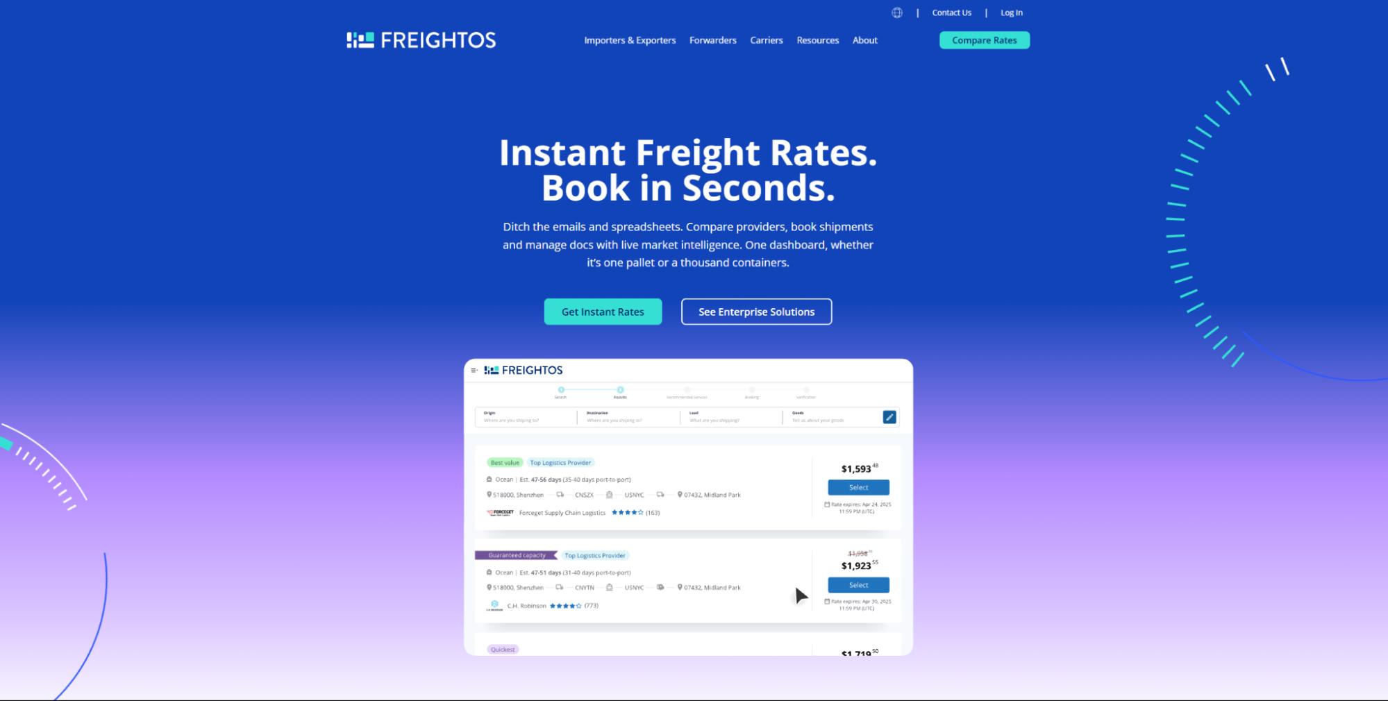 Freightos homepage showing ‘Instant Freight Rates. Book in Seconds.’