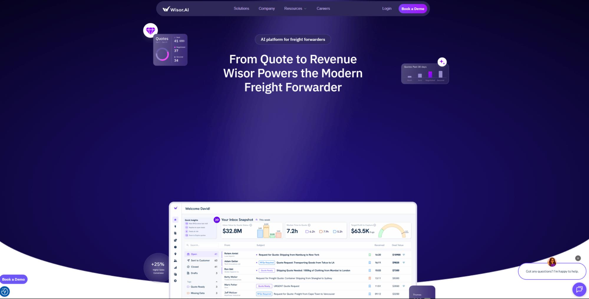 Wisor.ai homepage showing tagline ‘From Quote to Revenue Wisor Powers the Modern Freight Forwarder’