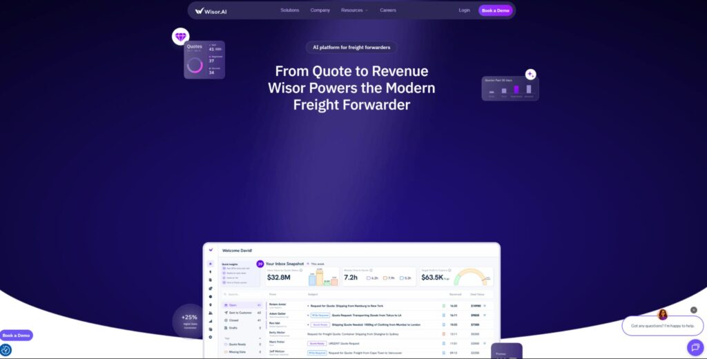 Wisor AI homepage hero with headline “From Quote to Revenue,” showcasing an AI platform for freight forwarders with dashboard visuals.