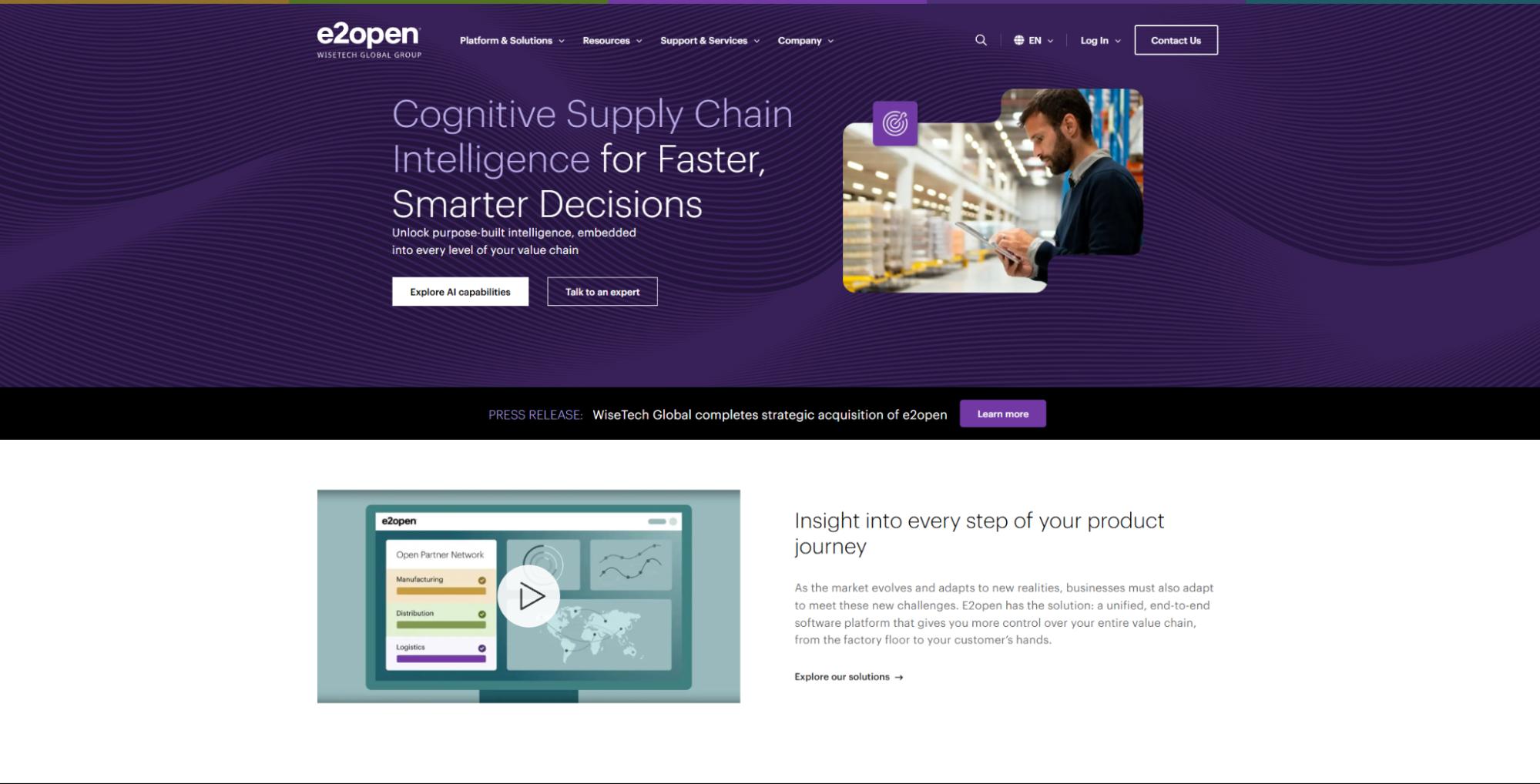 e2open homepage highlighting cognitive supply chain intelligence.