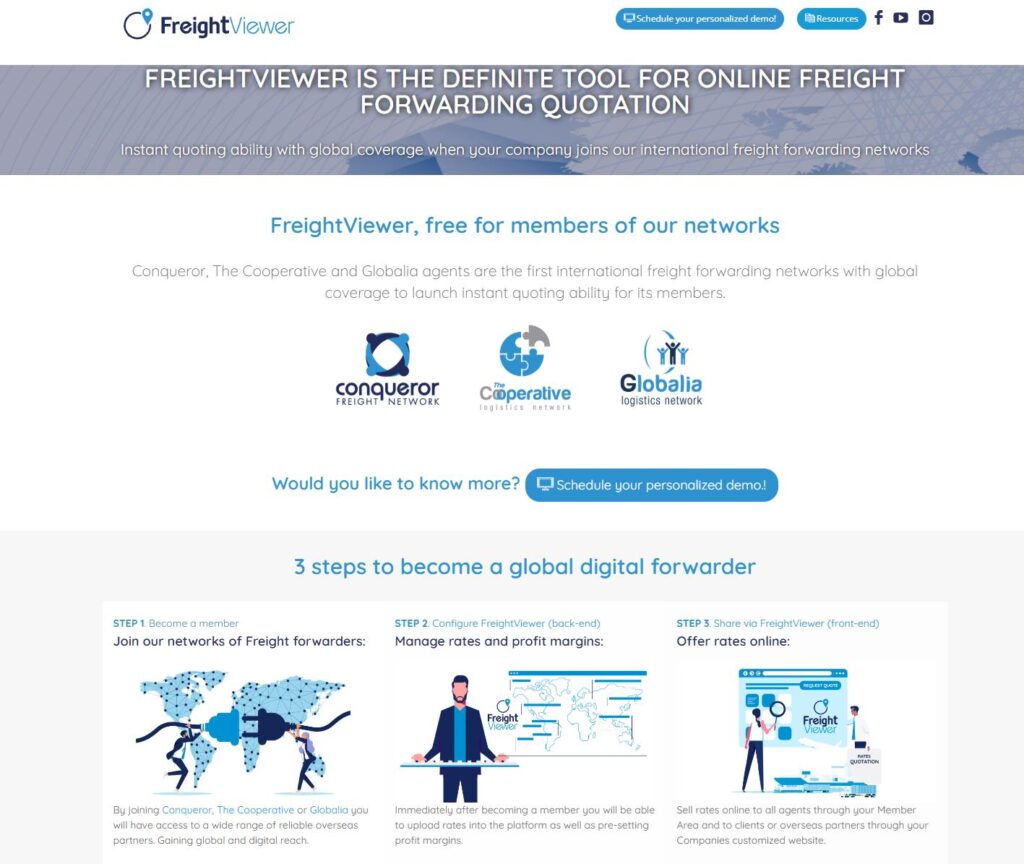 FreightViewer webpage promoting online freight forwarding quotation