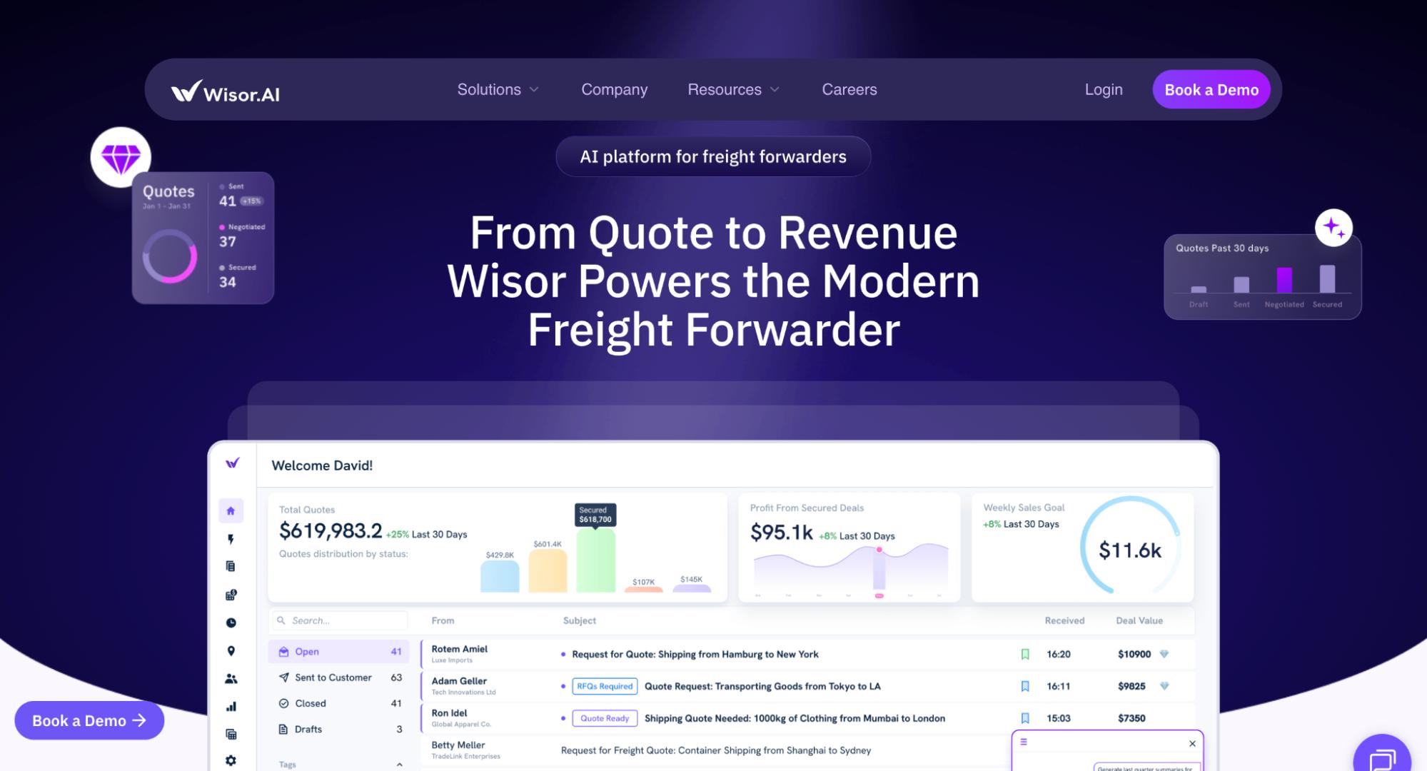 Wisor.AI homepage showing an AI platform for freight forwarders with a hero headline, dashboard analytics, and a “Book a Demo” call to action.